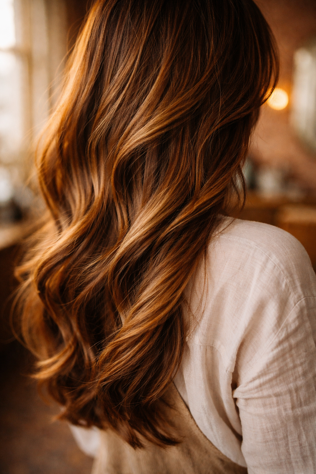 Balayage naturel doré sur cheveux châtains longs