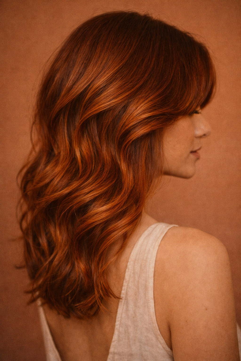 Coloration cuivre chaleureux sur mi-long