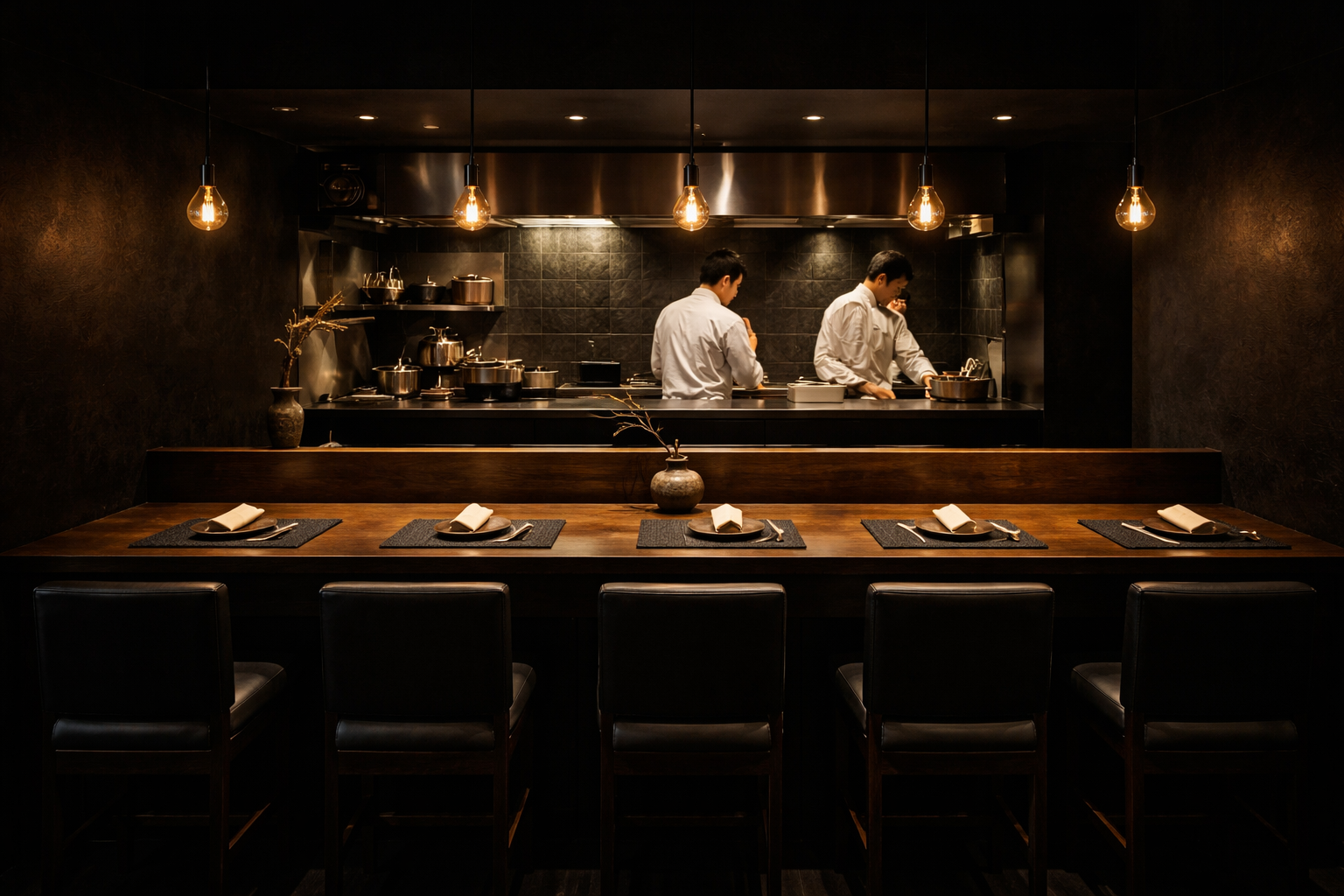 Le comptoir face à la cuisine ouverte d'Umami Protocol